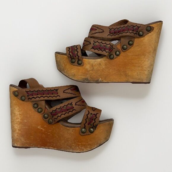 Jeffrey Campbell Shoes - Jeffrey Campbell x Free People Wedges Size 8 Boho Leather Wooden Platforms